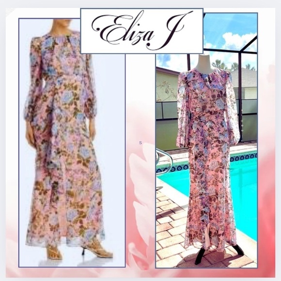 NWT Eliza J Blush Pink Floral Print Chiffon Cascade Long Sleeve Dress,size 6 - Picture 1 of 12